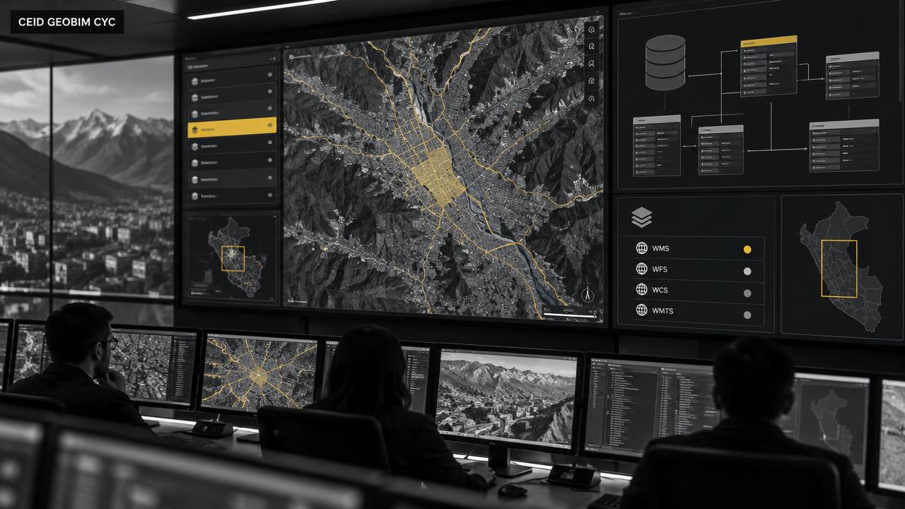 Sala de monitoreo con geoportal, mapa web y servicios de datos espaciales, imagen referencial